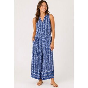 Wisp Campbell Cropped Knit Jumpsuit Blue Geometric Tile Print Women's 6 NWT